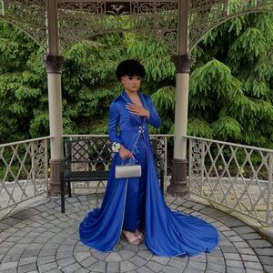 Royal Blue Satin Prom Gown with Train